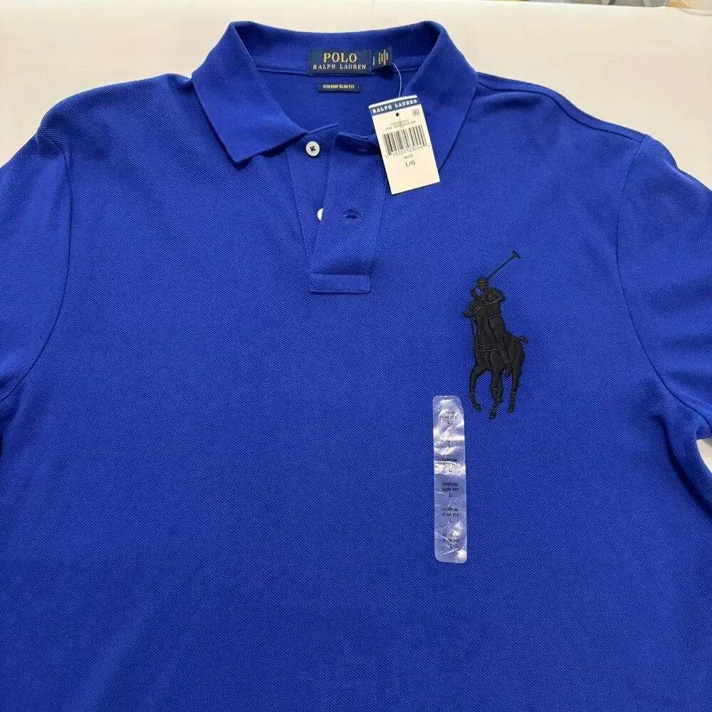NEW Polo Ralph Lauren Polo Shirt Big Pony #3 Men's Large Blue Custom Fit Cotton